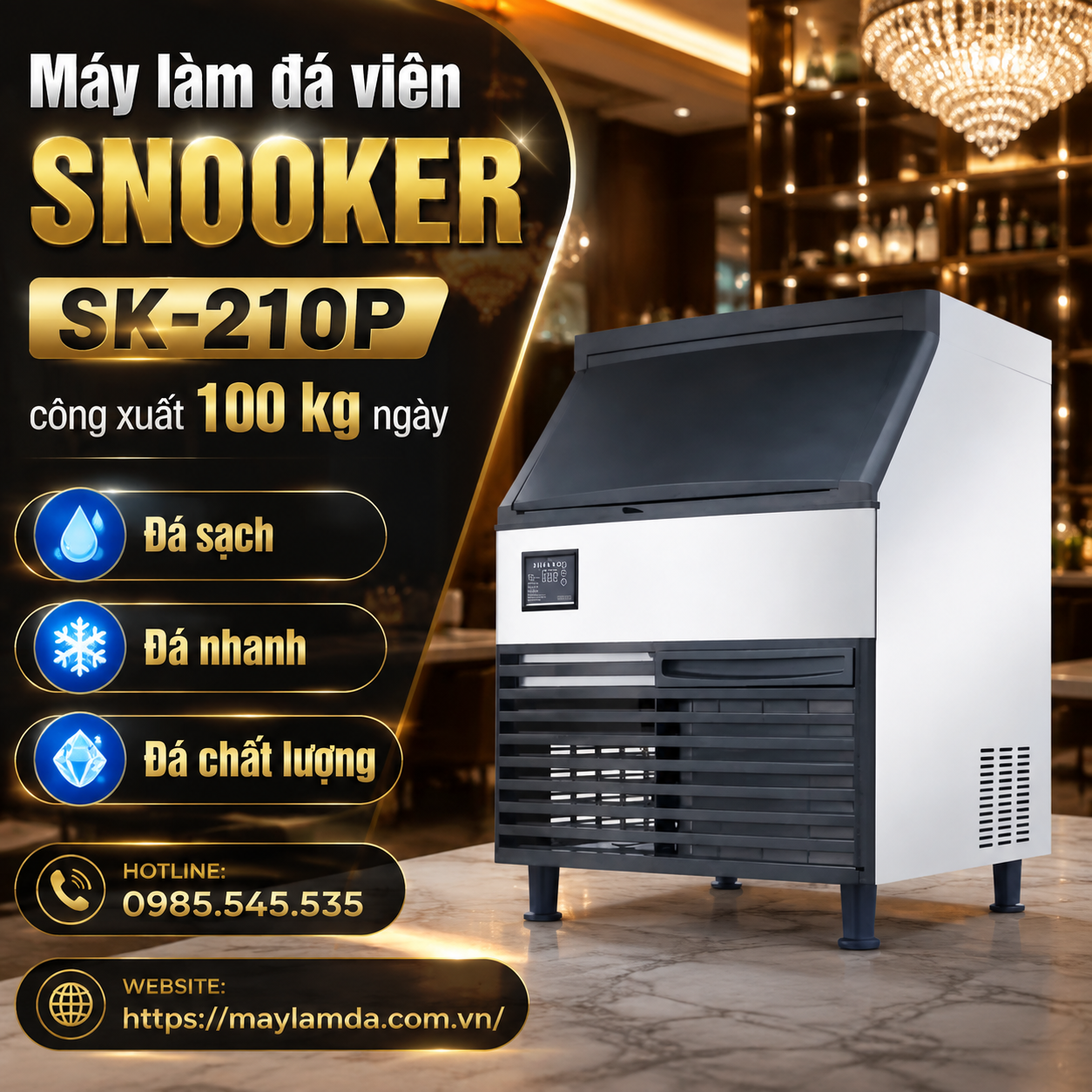 May-lam-da-vien-Snooker-SK-210P-cong-xuat-100-kg-ngay-Da-sach,-Da-nhanh-da-chat-luong Máy làm đá viên Snooker SK-210Р công xuất 100 kg ngày - Đá sạch, Đá nhanh, đá chất lượng